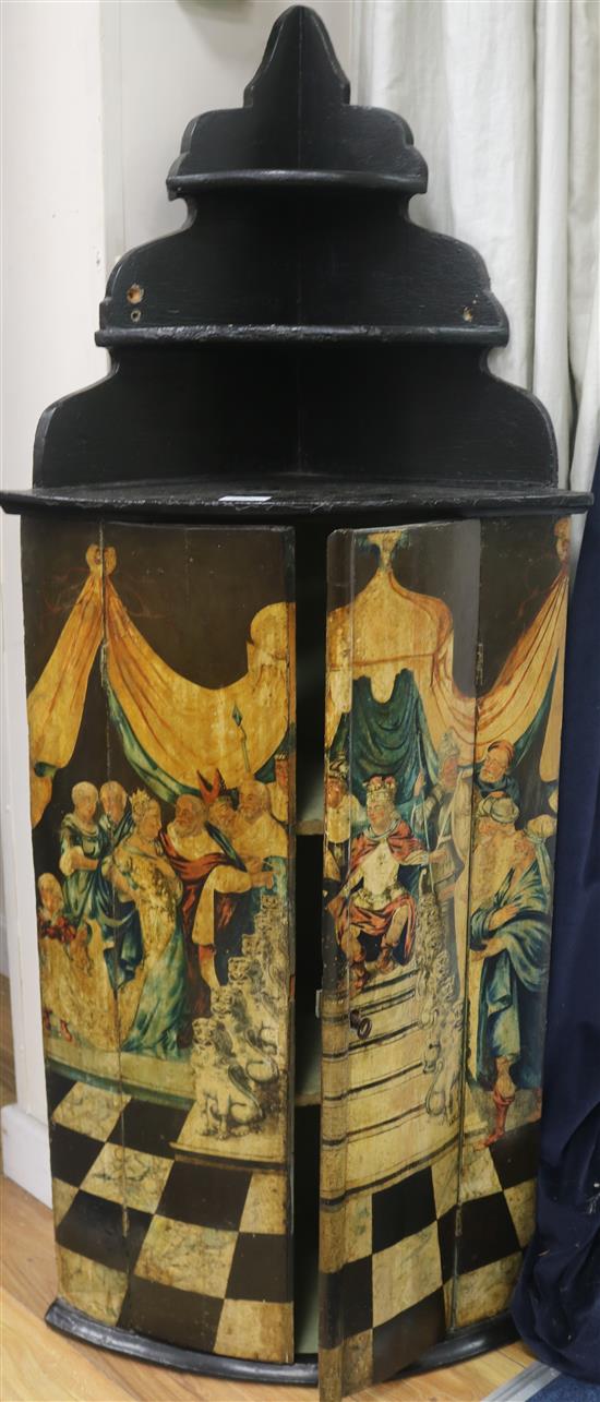An early 18th century japanned corner cupboard, H.133cm